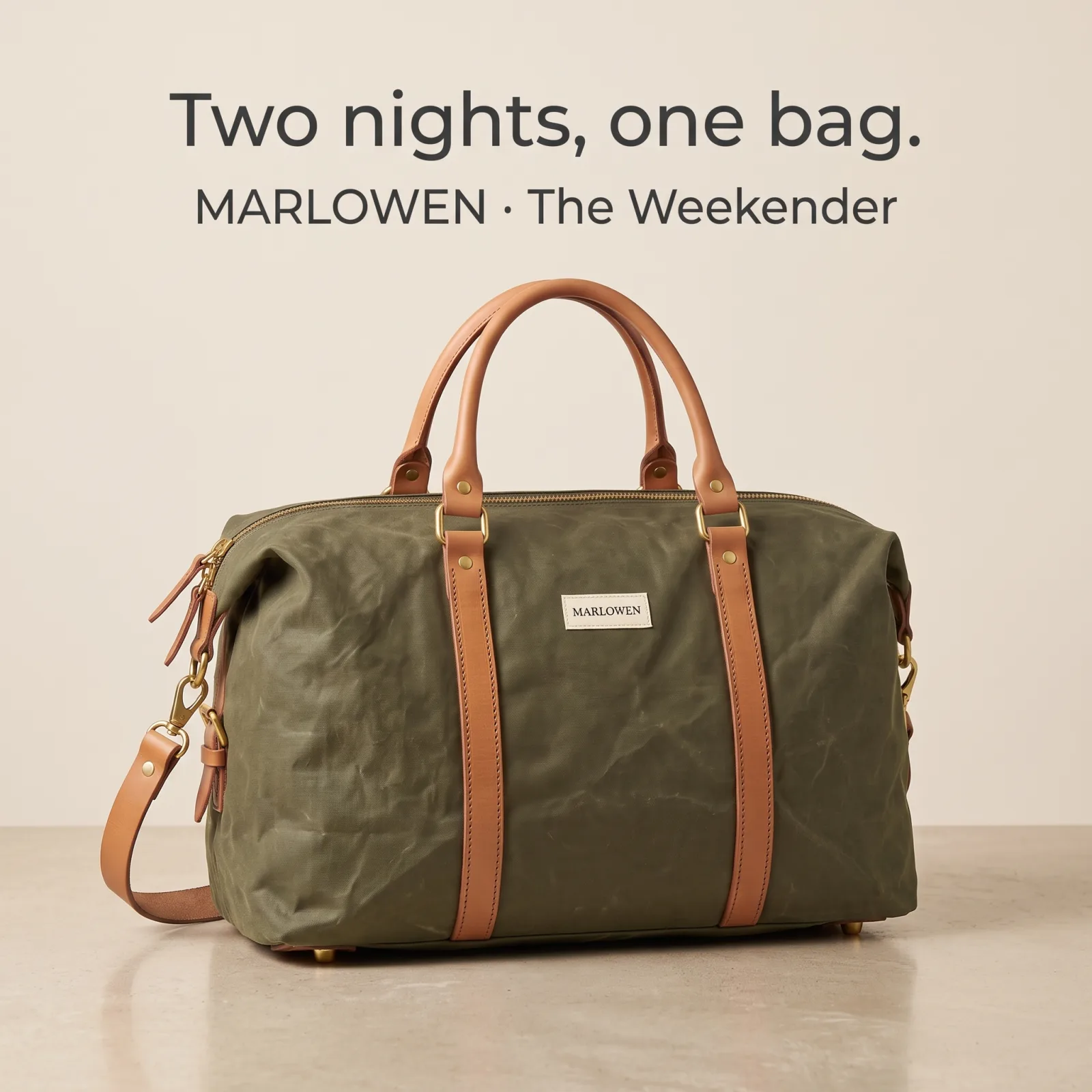 Marlowen weekender on sand. Headline: Two nights, one bag.