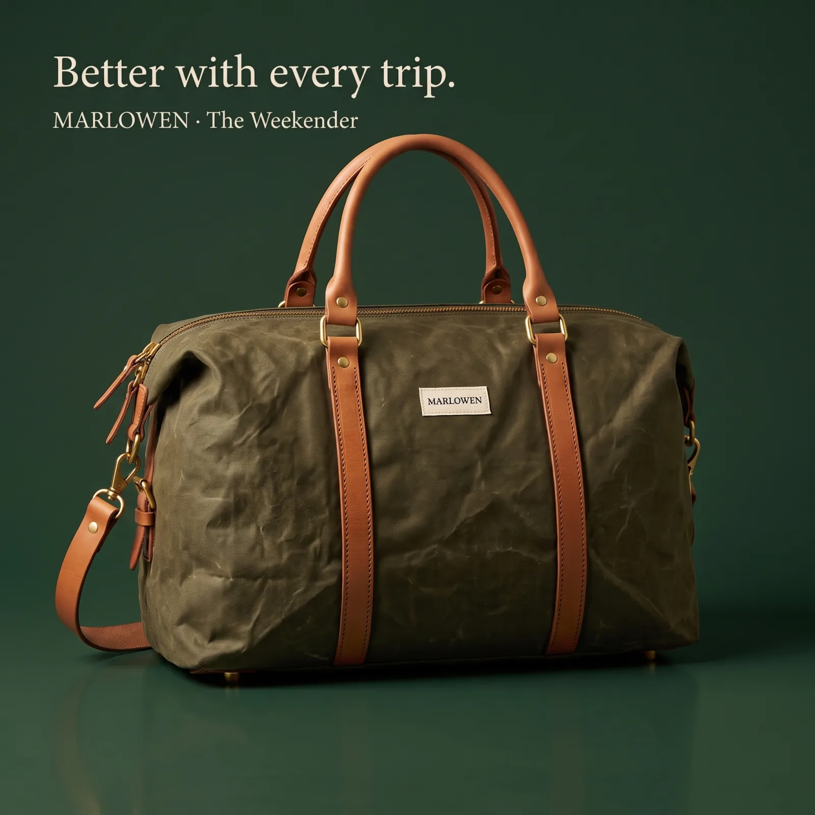 Marlowen weekender on forest green. Headline: Better with every trip.