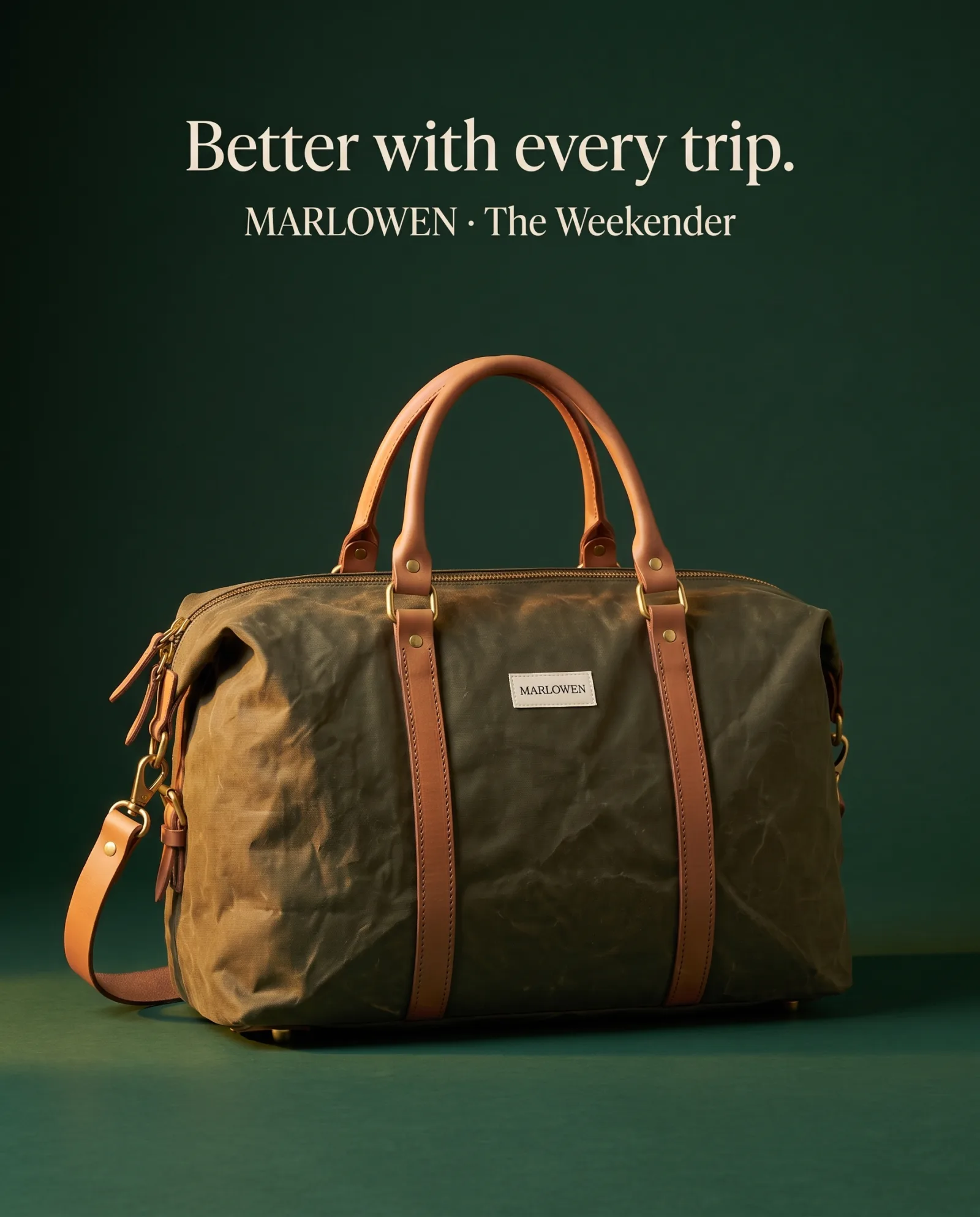 Marlowen weekender, portrait placement. Headline: Better with every trip.