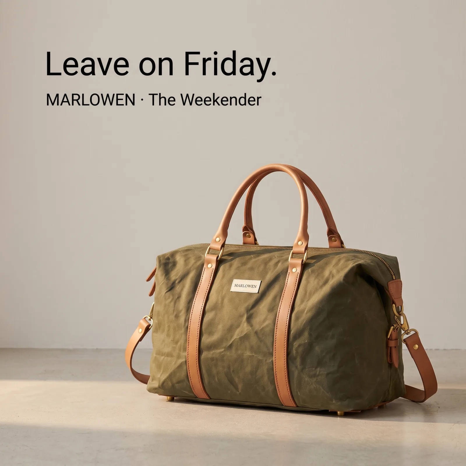 Marlowen weekender by a door. Headline: Leave on Friday.