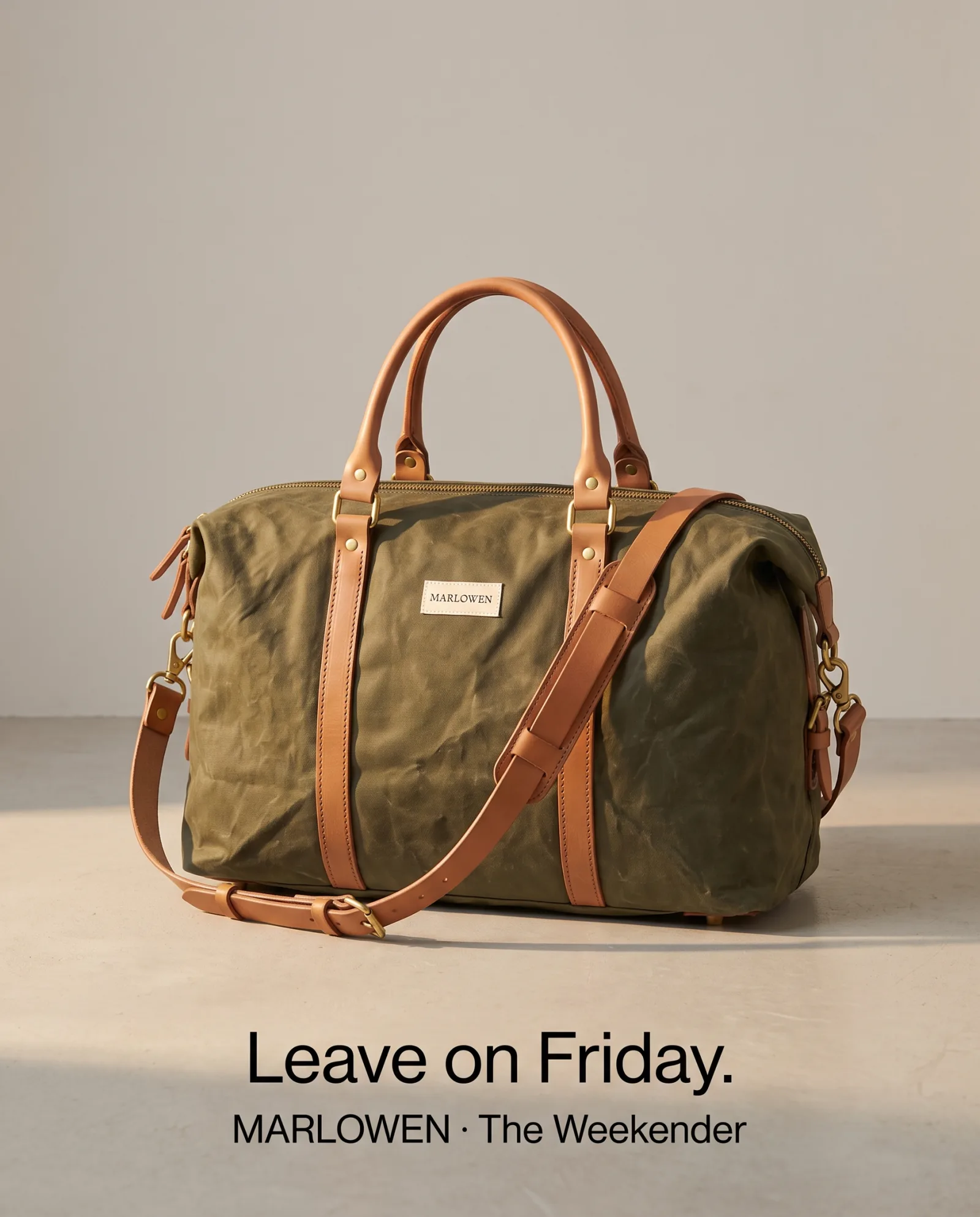Marlowen weekender, portrait placement. Headline: Leave on Friday.