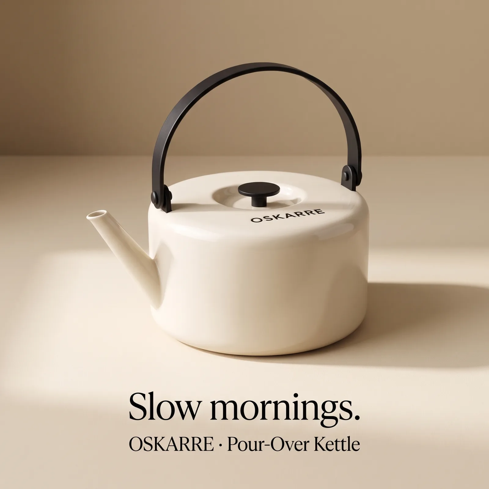 Oskarre kettle in warm morning light. Headline: Slow mornings.