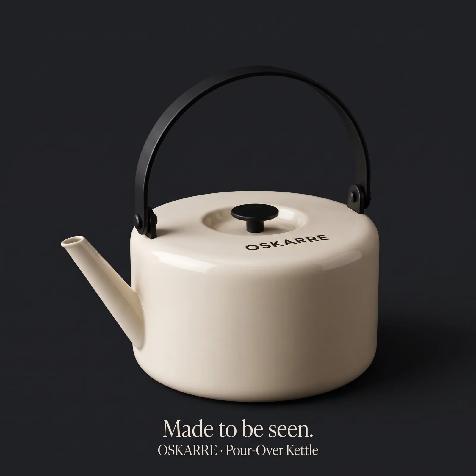 Oskarre kettle on charcoal. Headline: Made to be seen.