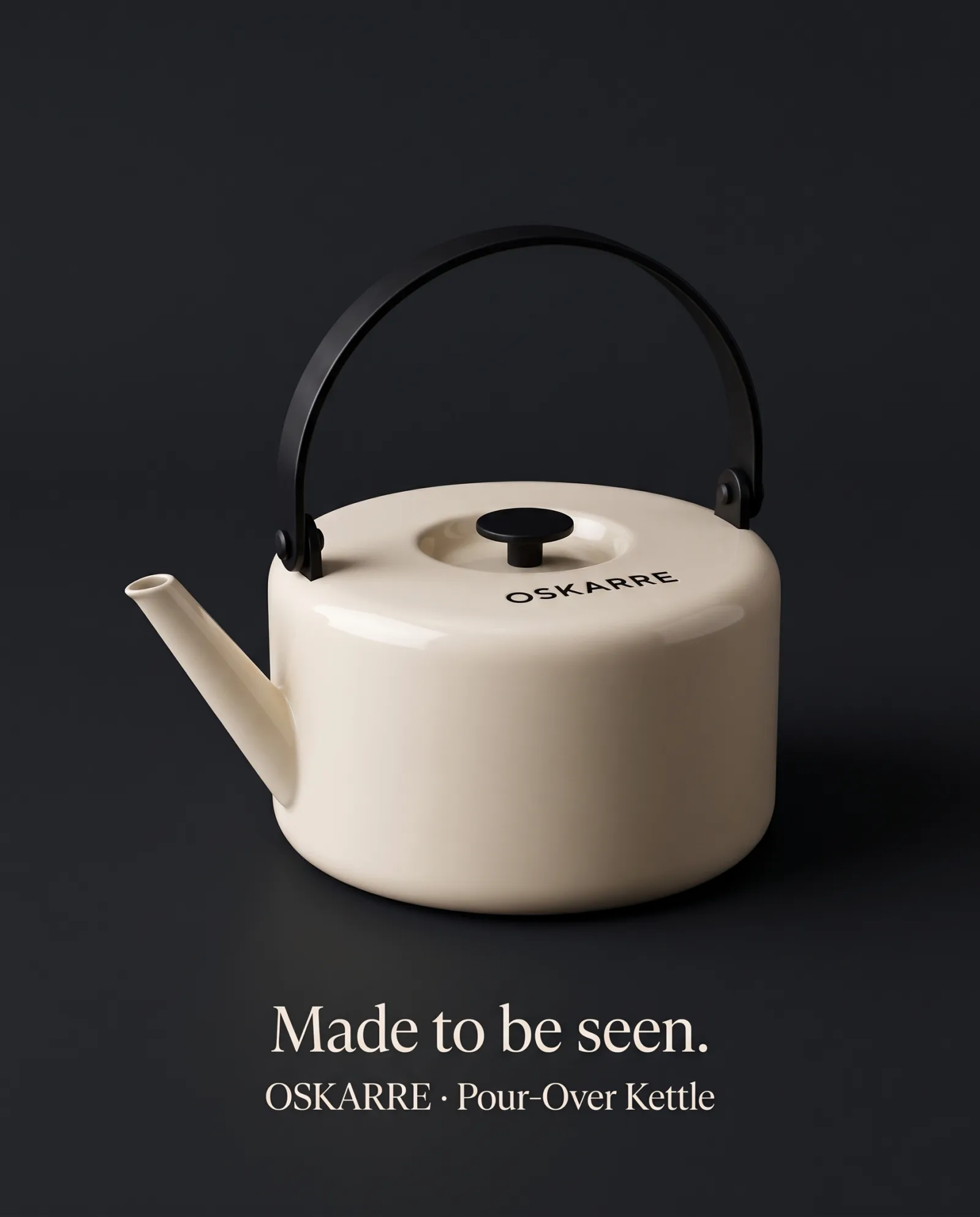 Oskarre kettle, portrait placement. Headline: Made to be seen.